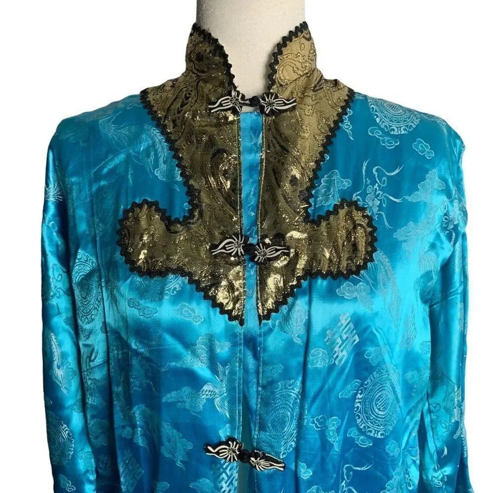 Vintage Silk Jacquard Asian Robe M Blue Gold Metallic Pockets Lined Frog Buttons
